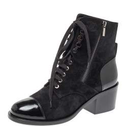 Chanel Black Suede And Patent Leather Combat Lace Up Boots Size 40.5