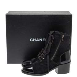 Chanel Black Suede And Patent Leather Combat Lace Up Boots Size 40.5