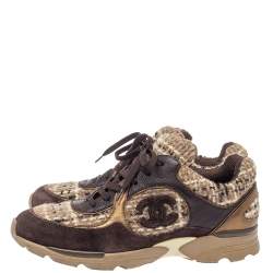 مملوكة مسبقًا حذاء رياضى شانيل أربطة سى سى جلد ميتالك وتويد صوف بني مقاس 41