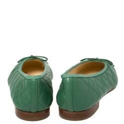 Pre Owned  Chanel Green Quilted Caviar Leather CC Bow Ballet Flats Size 37.5