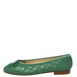 Pre Owned  Chanel Green Quilted Caviar Leather CC Bow Ballet Flats Size 37.5