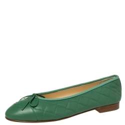 Pre Owned  Chanel Green Quilted Caviar Leather CC Bow Ballet Flats Size 37.5