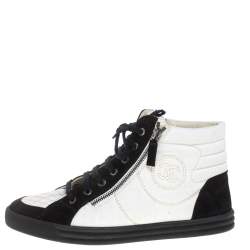 Pre Owned Chanel White/Black Suede And Canvas CC High Top Sneakers Size 40.5
