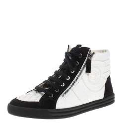 Pre Owned Chanel White/Black Suede And Canvas CC High Top Sneakers Size 40.5