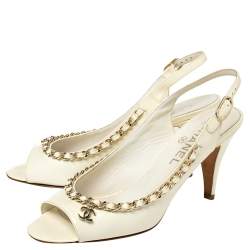 Chanel Off White Patent Leather Chain Embellishment Sandals Size 38