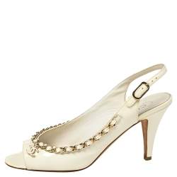 Chanel Off White Patent Leather Chain Embellishment Sandals Size 38