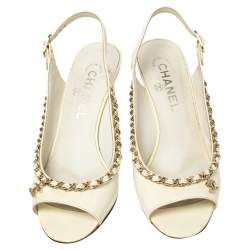 Chanel Off White Patent Leather Chain Embellishment Sandals Size 38