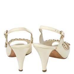 Chanel Off White Patent Leather Chain Embellishment Sandals Size 38