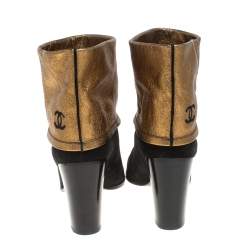 Chanel Black/Gold Suede CC Fold Ankle Boots Size 41