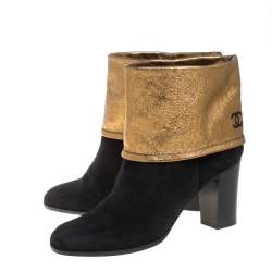Chanel Black/Gold Suede CC Fold Ankle Boots Size 41
