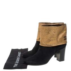 Chanel Black/Gold Suede CC Fold Ankle Boots Size 41