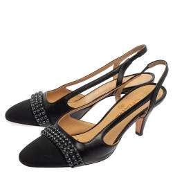 مملوكة مسبقًا صندل شانيل فتحة كعب سى سى مرصع قماش وجلد أسود مقاس 36