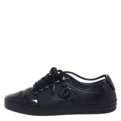 Chanel Black Rubber and Leather CC Low Top Sneakers Size 36.5