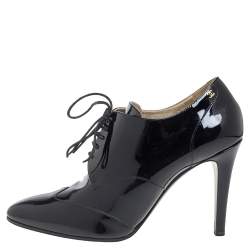 Chanel Black Patent Leather CC Lace Up Derby Ankle Booties Size 40