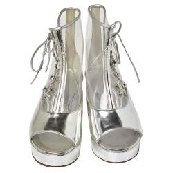 Chanel Metallic Silver Leather And PVC Open Toe Platform Ankle Booties Size 36