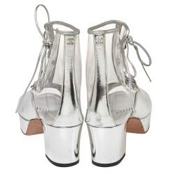 Chanel Metallic Silver Leather And PVC Open Toe Platform Ankle Booties Size 36