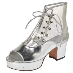 Chanel Metallic Silver Leather And PVC Open Toe Platform Ankle Booties Size 36
