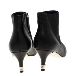 Chanel Black Leather Cap Toe Pearl Embellished CC Heel Ankle Boots Size 38.5