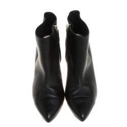 Chanel Black Leather Cap Toe Pearl Embellished CC Heel Ankle Boots Size 38.5