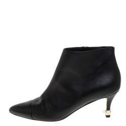 Chanel Black Leather Cap Toe Pearl Embellished CC Heel Ankle Boots Size 38.5