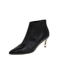 Chanel Black Leather Cap Toe Pearl Embellished CC Heel Ankle Boots Size 38.5