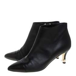 Chanel Black Leather Cap Toe Pearl Embellished CC Heel Ankle Boots Size 38.5