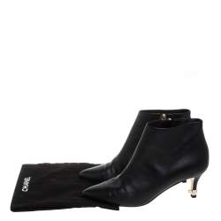 Chanel Black Leather Cap Toe Pearl Embellished CC Heel Ankle Boots Size 38.5