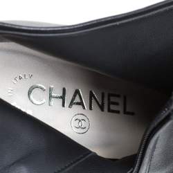 Chanel Black Leather Cap Toe Pearl Embellished CC Heel Ankle Boots Size 38.5