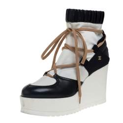 Chanel White/Black Leather And Blended Fabric Lace Up Wedge Platform Boots Size 38.5