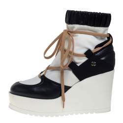 Chanel White/Black Leather And Blended Fabric Lace Up Wedge Platform Boots Size 38.5