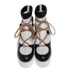 Chanel White/Black Leather And Blended Fabric Lace Up Wedge Platform Boots Size 38.5