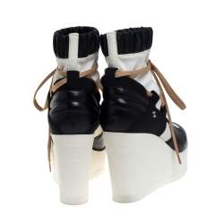 Chanel White/Black Leather And Blended Fabric Lace Up Wedge Platform Boots Size 38.5