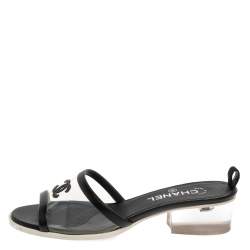 Pre Owned Chanel Black PVC And Leather CC Flat Slides Size 38.5
