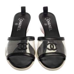 Pre Owned Chanel Black PVC And Leather CC Flat Slides Size 38.5