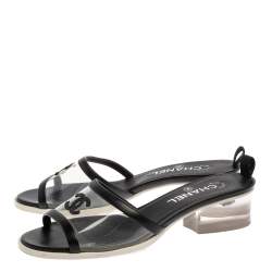 Pre Owned Chanel Black PVC And Leather CC Flat Slides Size 38.5