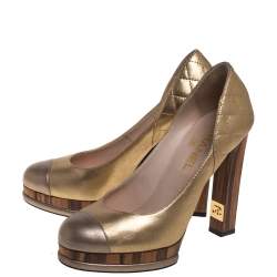 Chanel Metallic Gold/Bronze Quilted Leather CC Platform  Pumps Size 39