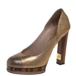 Chanel Metallic Gold/Bronze Quilted Leather CC Platform  Pumps Size 39