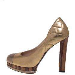 Chanel Metallic Gold/Bronze Quilted Leather CC Platform  Pumps Size 39