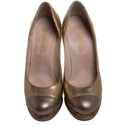 Chanel Metallic Gold/Bronze Quilted Leather CC Platform  Pumps Size 39