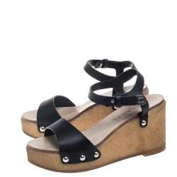 مملوكة مسبقًا Chanel Black Leather Wedge Platform Sandals Size 37