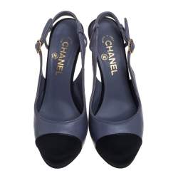 Chanel Grey/Black Leather And Canvas Slingback Sandals Size 39.5