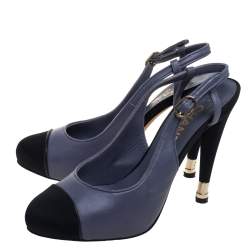 Chanel Grey/Black Leather And Canvas Slingback Sandals Size 39.5