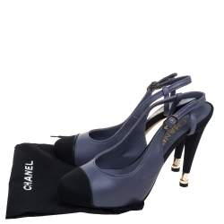 Chanel Grey/Black Leather And Canvas Slingback Sandals Size 39.5