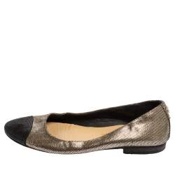 مملوكة مسبقًا Chanel Black/Metallic Gold Glitter Suede CC Cap Toe Ballet Flats Size 37