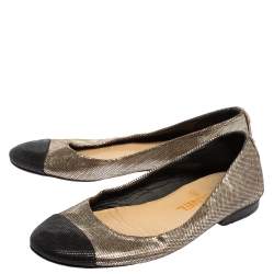 مملوكة مسبقًا Chanel Black/Metallic Gold Glitter Suede CC Cap Toe Ballet Flats Size 37