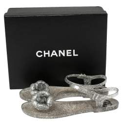 Pre Owned Chanel Grey Glitter Jelly Camellia Flat Sandals Size 39