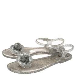 Pre Owned Chanel Grey Glitter Jelly Camellia Flat Sandals Size 39
