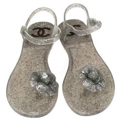 Pre Owned Chanel Grey Glitter Jelly Camellia Flat Sandals Size 39