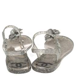Pre Owned Chanel Grey Glitter Jelly Camellia Flat Sandals Size 39
