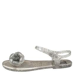 Pre Owned Chanel Grey Glitter Jelly Camellia Flat Sandals Size 39